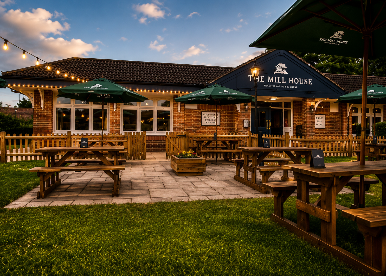 The Mill House pub exterior and beer garden in Thatcham, Berkshire
