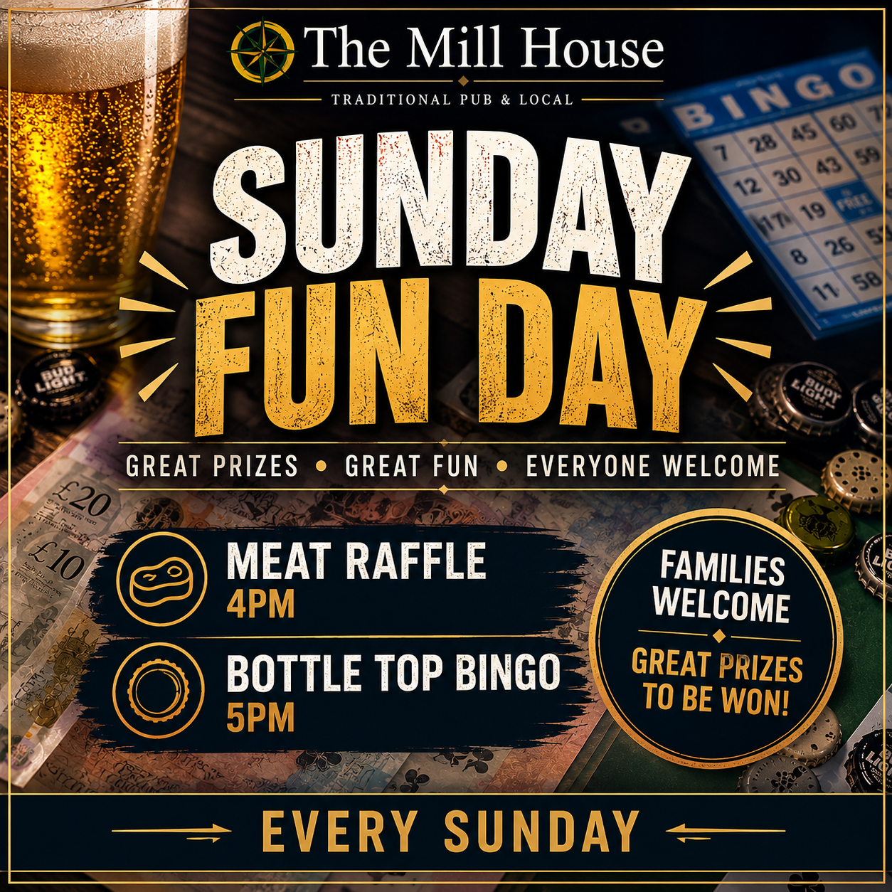 Sunday Funday at The Mill House Thatcham — meat raffle and bottle top bingo every Sunday