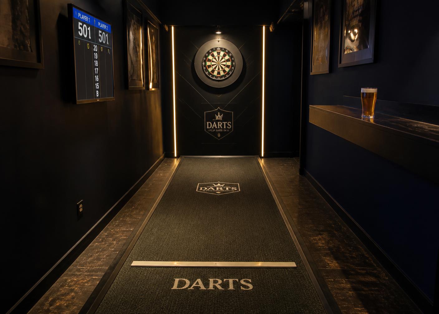 Interactive darts lane with lit oche and player scoreboard at a Thatcham sports pub