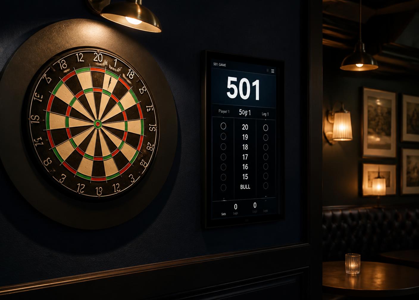 Darts resting on a ledge in front of an interactive 501 scoring screen at a Berkshire pub