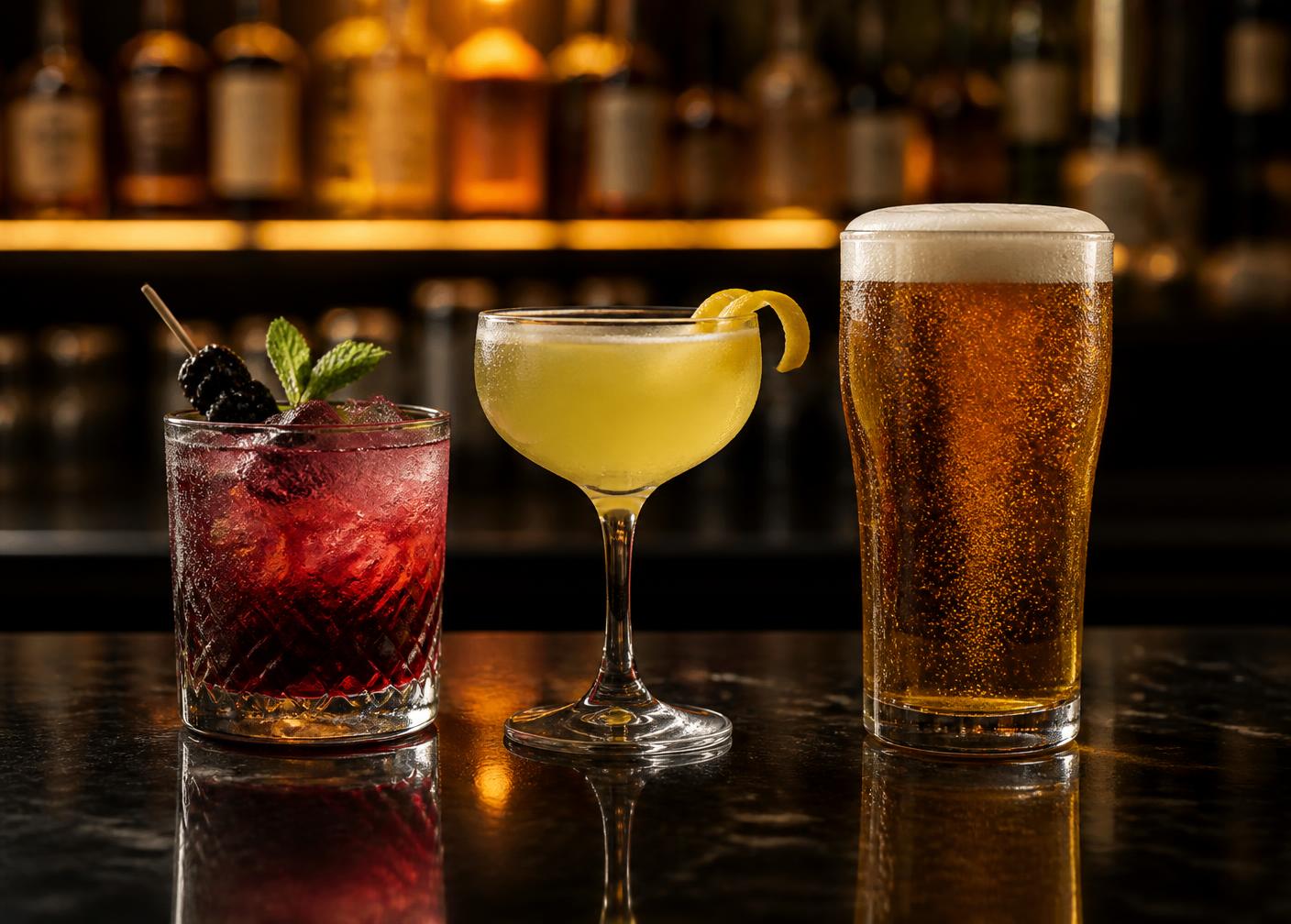 Cocktails and a pint of beer on a bar top at a Thatcham pub