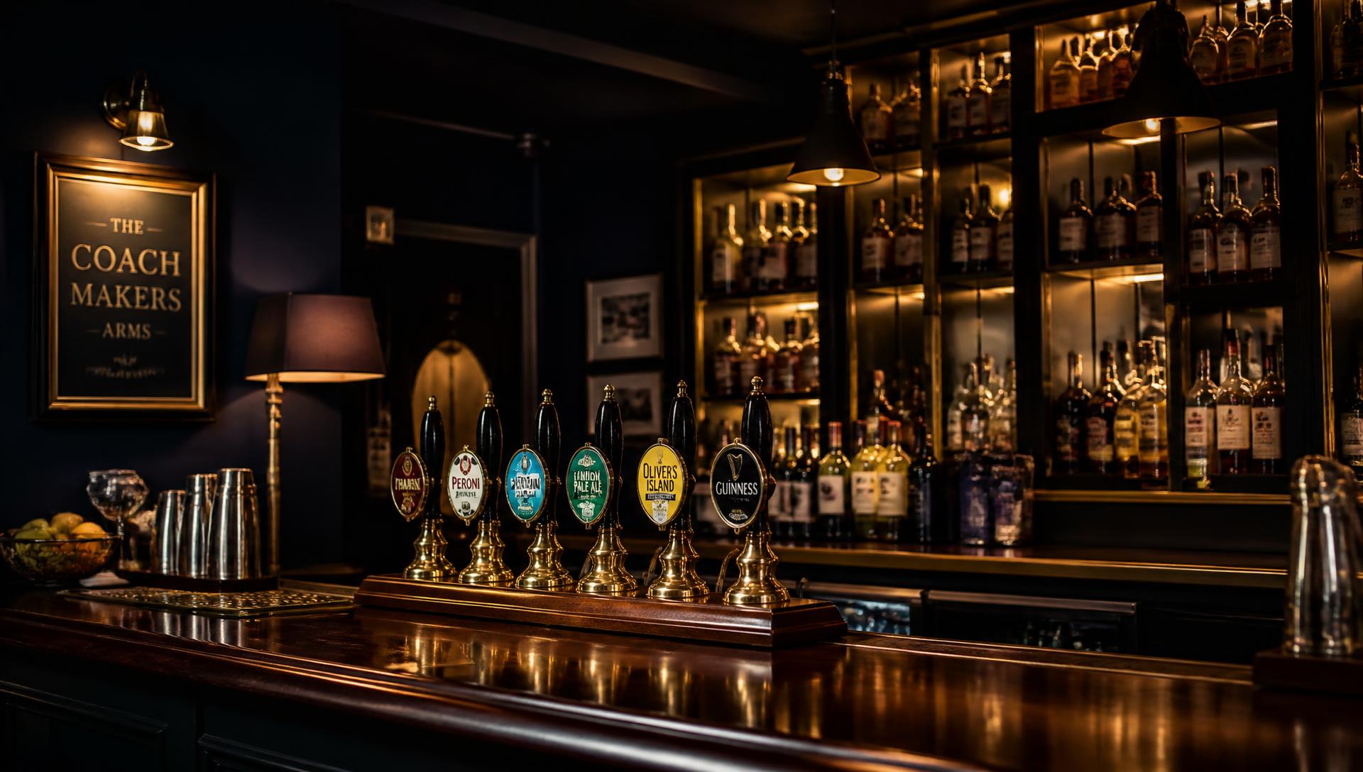 Pub bar counter with beer taps, like the bar at The Mill House sports pub in Thatcham