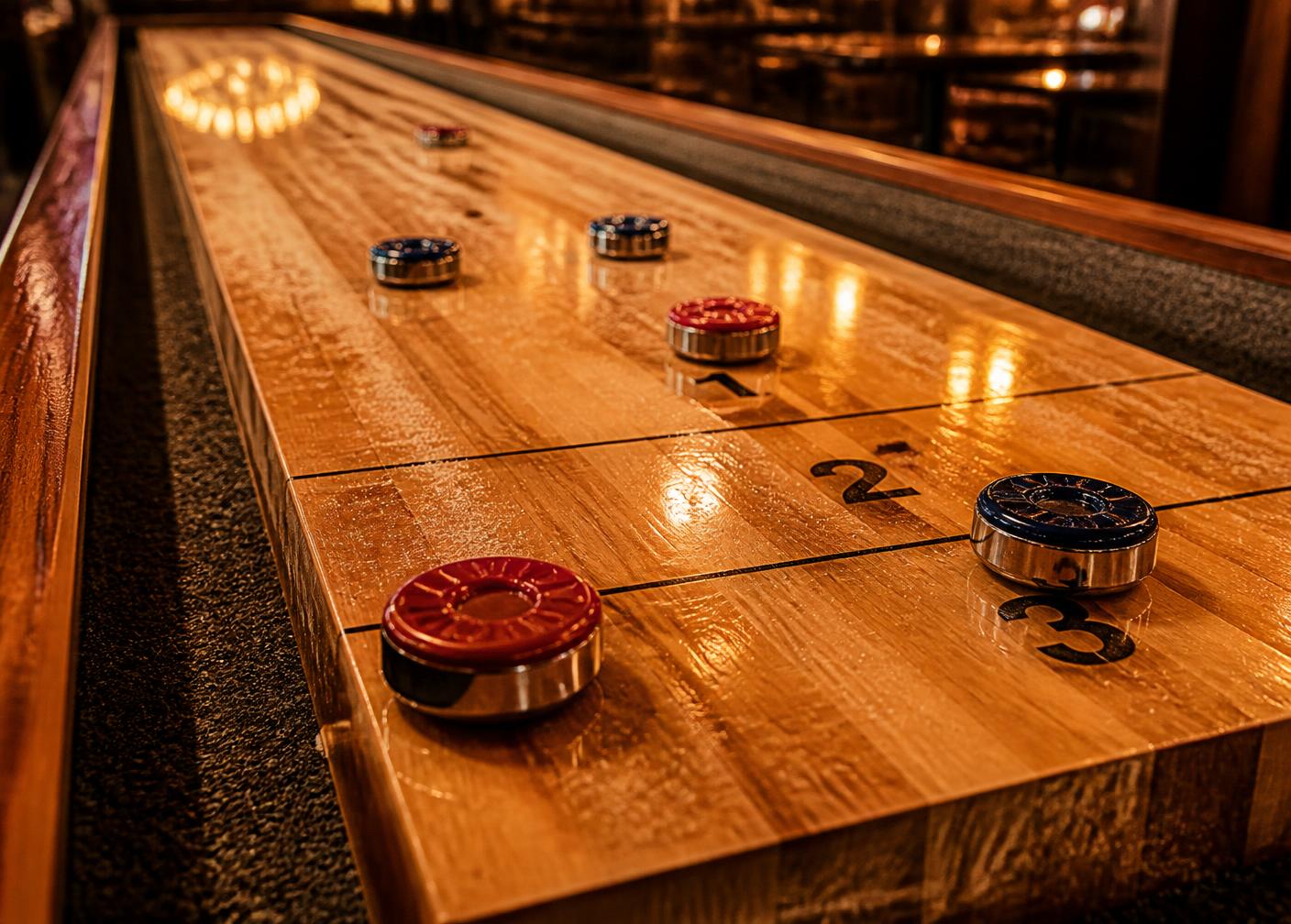 Shuffleboard table pucks representing shuffleboard at a Berkshire pub in Thatcham